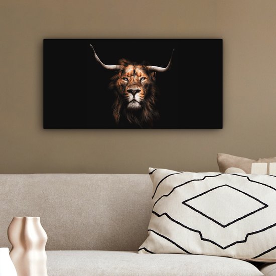 Leeuw - Hoorn - Schotse hooglander - Canvas - 40x20 cm - Wanddecoratie