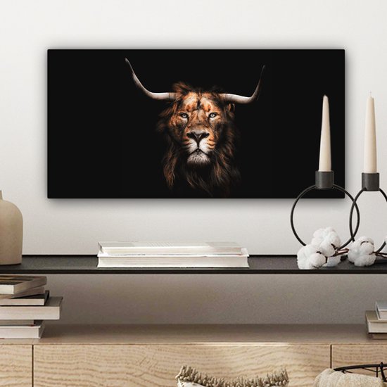Leeuw - Hoorn - Schotse hooglander - Canvas - 40x20 cm - Wanddecoratie
