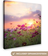 Canvas Schilderij Zonsondergang - Bloemen - Roze - Natuur - Groen - 50x50 cm - Wanddecoratie