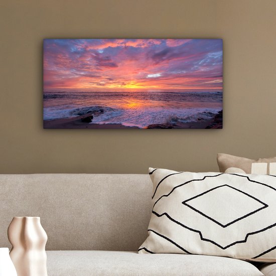 Toile Peinture Plage - Mer - Coucher de Soleil - 40x20 cm - Décoration murale