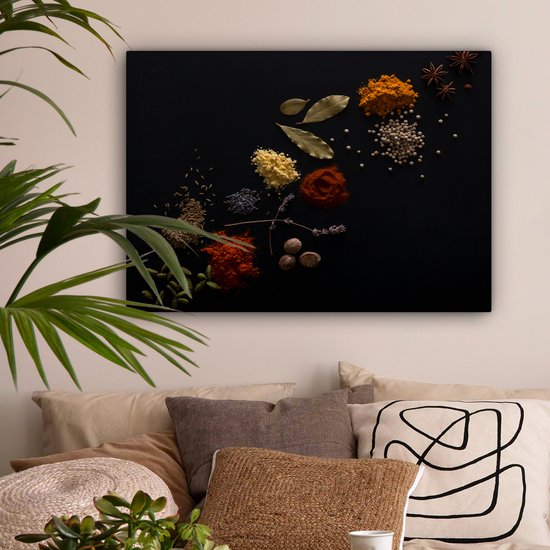 Canvas Schilderij Kruiden - Zwart - Specerijen - Keuken - Koken - 80x60 cm - Wanddecoratie