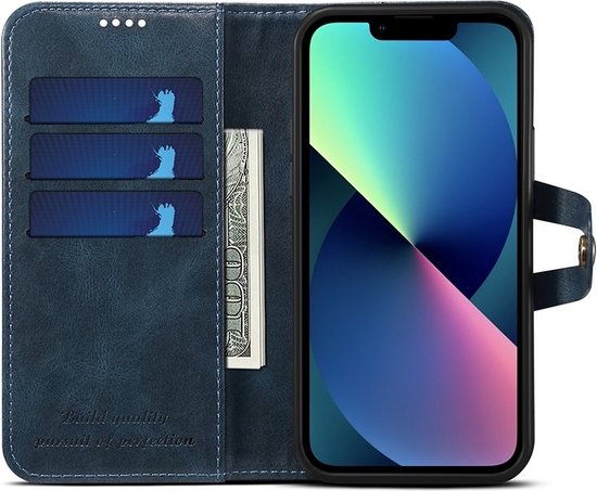 Portefeuille pour iPhone 15 avec emplacements pour cartes - Fabriqué en cuir artificiel de première qualité - Étui pour iPhone 15 avec support - Mobiq Vintage Backcover Étui portefeuille pour iPhone 15 bleu