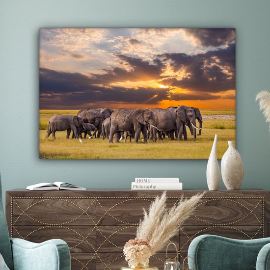Troupeau d'éléphants au bord d'un lac toile 2cm 140x90 cm - Tirage photo sur toile peinture (Décoration murale salon / chambre) / animaux sauvages Peintures sur toile
