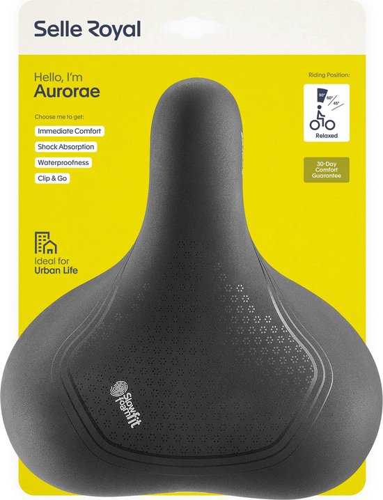 Verpakking van het Selle Royal Aurorae fietszadel, met informatie in het Nederlands.