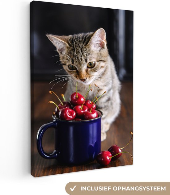 Canvas Schilderijen - Kat zittend bij mok gevuld met kersen - Wanddecoratie