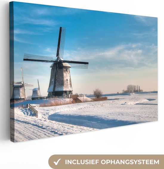 Canvas - Windmolens - Winter - Nederland - Sneeuw - Landschap - Slaapkamer - 150x100 cm - Canvasdoek - Canvas schilderij