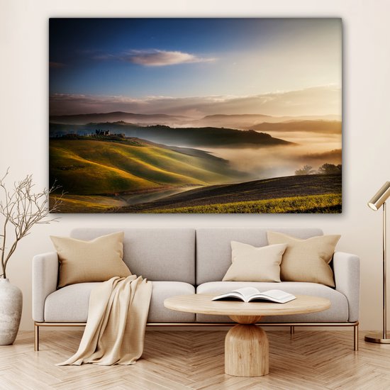 La brume tombe sur les paysages toscans en Italie Toile 180x120 cm - Tirage photo sur Toile (Décoration murale salon / chambre) XXL / Groot format!