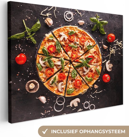 Canvas Schilderij Pizza - Groente - Kruiden - Keuken - Industrieel - 40x30 cm - Wanddecoratie