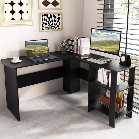 CubiCubi Bureau L-vorm 148 x 120 cm, hoekbureau met laden, rek en zijvakken, computertafel voor thuiskantoor en gaming, vintage bruin