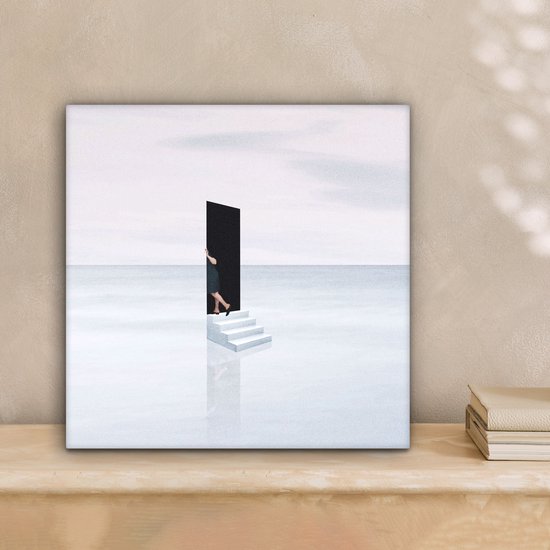 Toile - Abstrait - Homme - Porte - Escaliers - Wit - Abstrait - 20x20 cm - Canvasdoek - Peinture