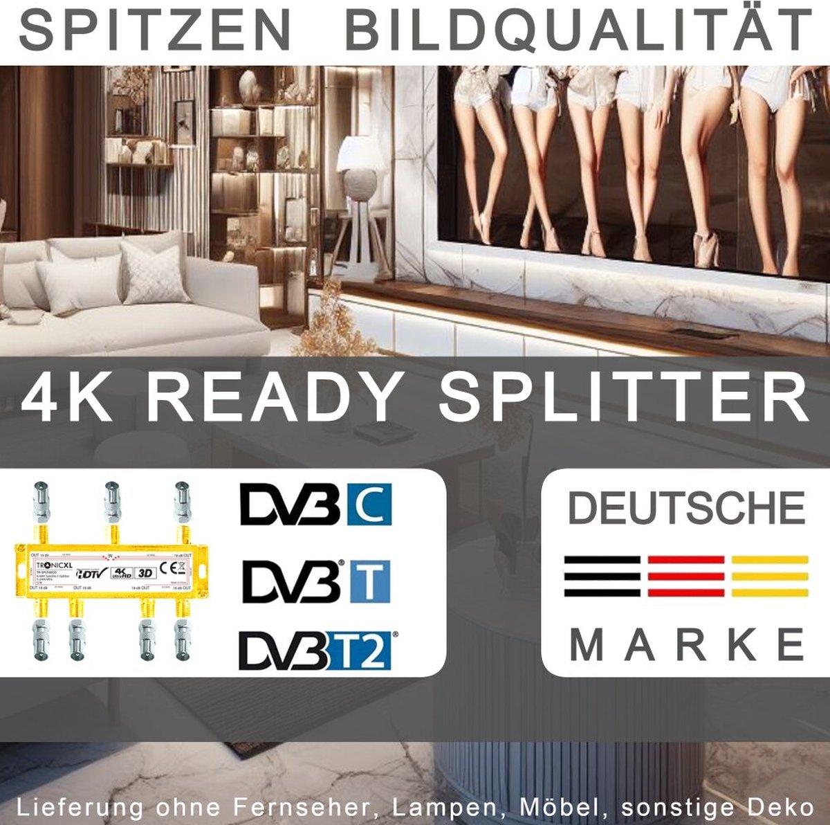 TronicXL 4K Sat-splitter 6-voudig BK verdeler 3D / HD TV geschikt/DC doorlaat/kabel antenneverdeler TV DVBC bv - Inclusief adapter F-stekker naar coaxstekker