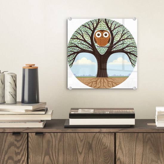 MuchoWow® Peinture sur verre 20x20 cm - Peinture sur verre acrylique - Illustration d'un grand arbre avec un hibou vivant dedans - Photo sur verre - Peintures