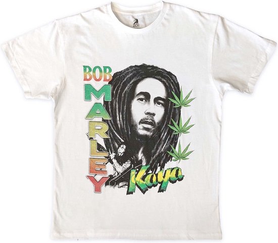 Witte t-shirt met een illustratie van Bob Marley en "BOB MARLEY KAYA" in kleurrijke letters, met cannabisbladeren.