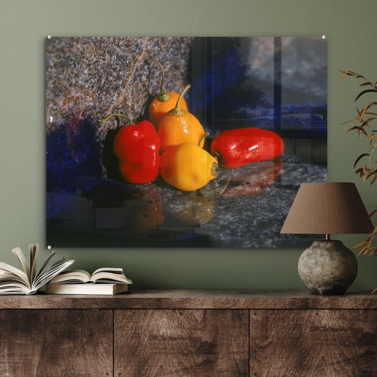 Peinture sur verre - Piments de Cascabel sur pierre - 80x60 cm - Peintures sur Verre Peintures - Photo sur Glas