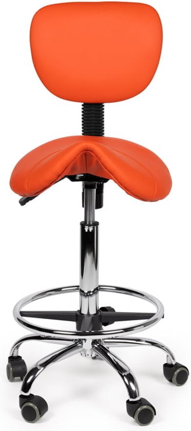 Zadelkruk Rugleuning Standaard Oranje met Voetring - Zithoogte 50/68cm - kruk op wielen - krukje - werkkruk - zadelkruk - bureaukruk - kapperskruk - verstelbaar - draaikruk - tabouret - zadelkruk met rugleuning - tot 160kg