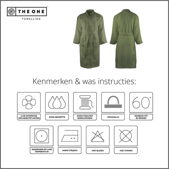 Olijfgroene badjas van The One Towelling, gedetailleerd met kenmerken en wasinstructies.