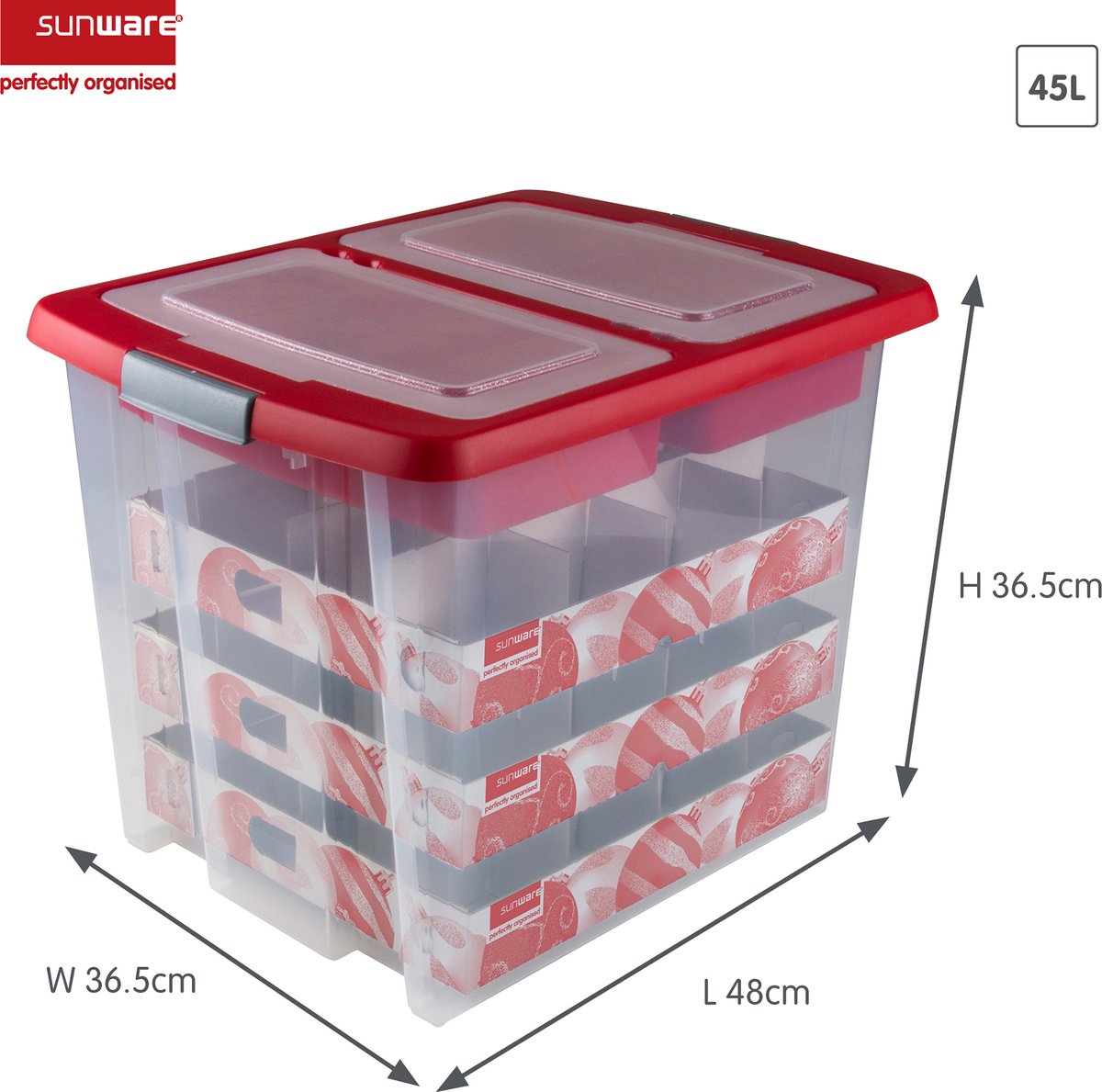 Nesta Kerstballen Opbergbox 45L - Trays voor 48 kerstballen - Transparant/rood – foto 2