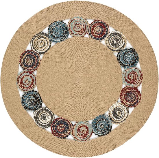 Rond Jute Vloerkleed, Decoratief Boho Gebied Tapijt, Natuurlijk Beige Met Veelkleurige Cirkel, Gevlochten Jute Gebied Vloerkleden voor Woonkamer, Buiten, Keuken, Slaapkamer, 90 cm, Nikky