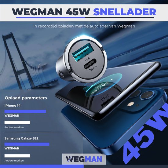 Wegman 45W Autolader USB C - Veilig en Compact - Snellader - Auto Oplader - Sigaretten Aansteker - Laad 4x zo snel - Auto Accessoires - Wegman