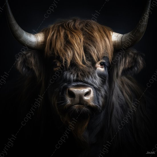 JJ-Art | Schotse hooglander, koe, stier | dier, Schotland, zwart, bruin, modern, vierkant |