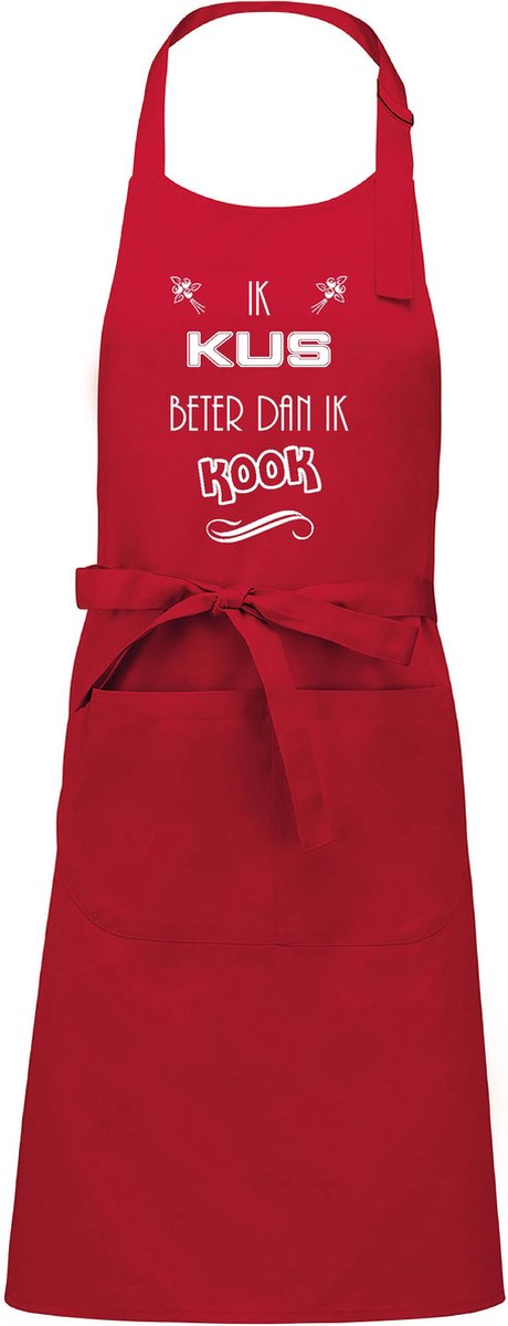 Mijncadeautje - Keuken- en Barbecueschort - Ik Kus beter dan ik Kook - Tekstschort - Verjaardag - Humorschort - Rood