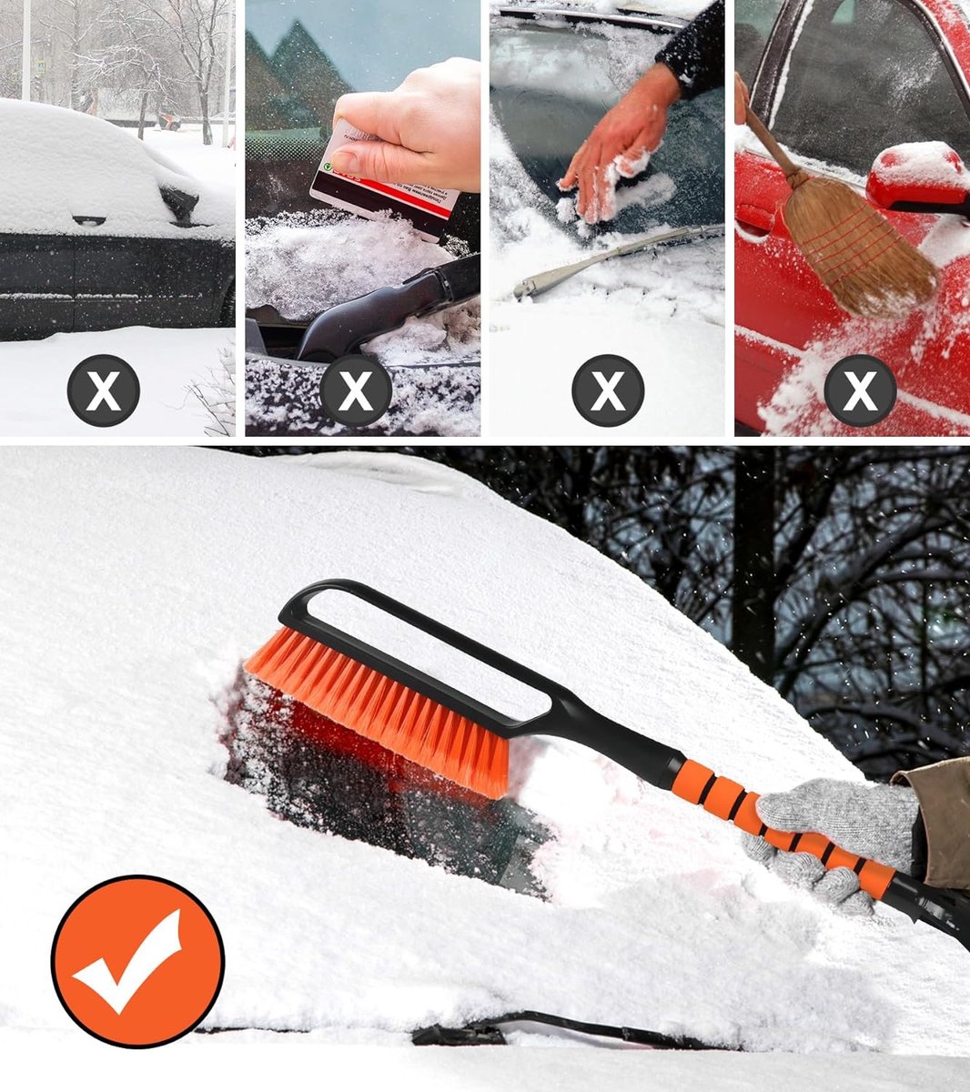 FINEVERNEK IJskrabber voor de auto met bezem, 3-in-1 ijskrabber voor de auto met bezem, afneembare telescopische ontdooier, sneeuwborstel voor de auto voor 360° draaibare kop, sneeuwborstel auto met