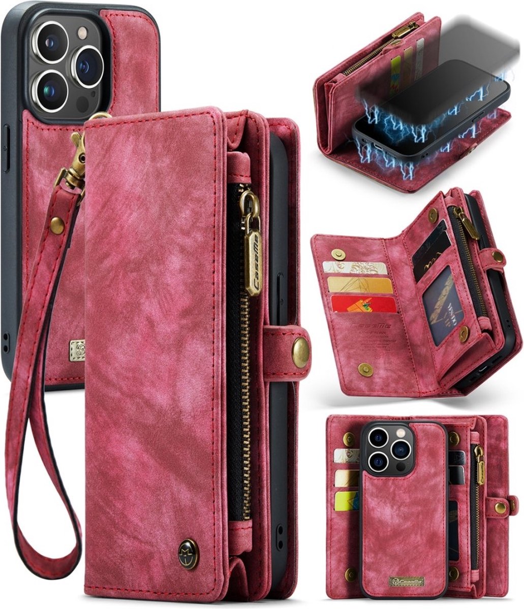 Caseme - Geschikt voor iPhone 15 Pro Max - Vintage 2 in 1 portemonnee hoes - Rood