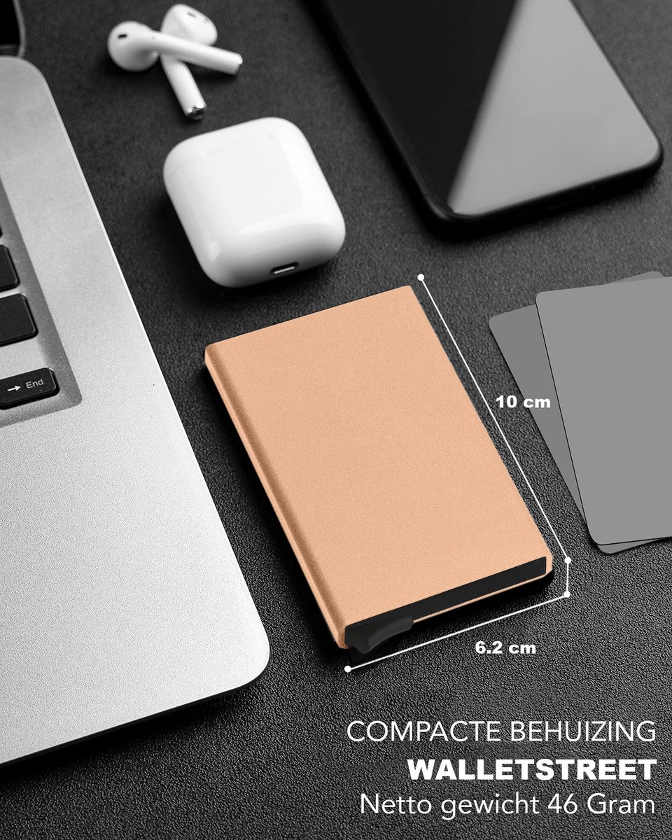 Walletstreet Uitschuifbare Pasjeshouder Slim-Fit Collection Aluminium Creditcardholder/Card Protector Anti-Skim/ RFID 7 Pasjes – Voor Mannen & Vrouwen -Kerstcadeau Ideale Geschenk- Goud/Gold — cadeau in Mode & Accessoires - foto 2
