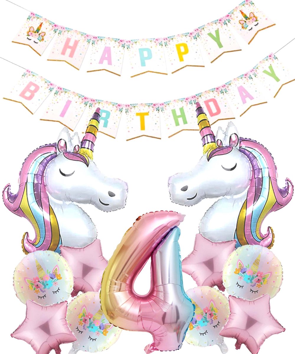 * Snoes * Cijfer 4 ballon Unicorn Mega Pack* Eenhoorn Licht Roze * DIY Slinger* Set van 12 Grotere Ballonnen* Unicorn Licht Roze 4 * Eerste verjaardag * Hoera 4 Jaar * Birthday * Ballon Cijfer 4