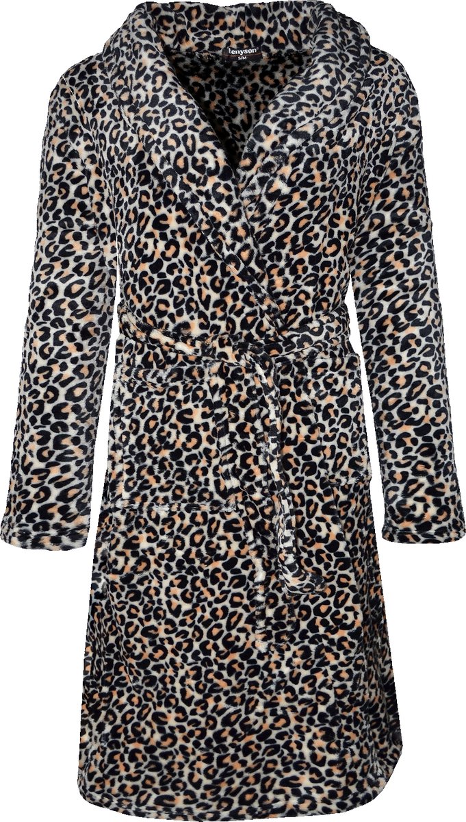 Dames badjas fleece benyson panterprint bruin S M