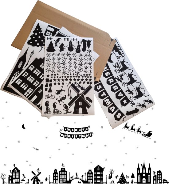 Raamstickers Kerst Huisjes 146Delig 230x130cm met de hulpjes van