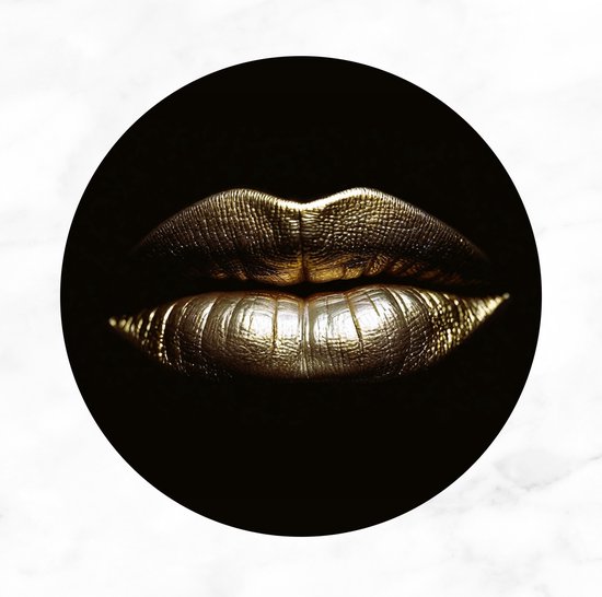 De Muurdecoratie - Wandcirkel goud zwart - Gouden lippen 75x75 cm - Luxe - Wanddecoratie - Muurcirkels - Modern schilderij - Slaapkamer accessoires - Decoratie woonkamer
