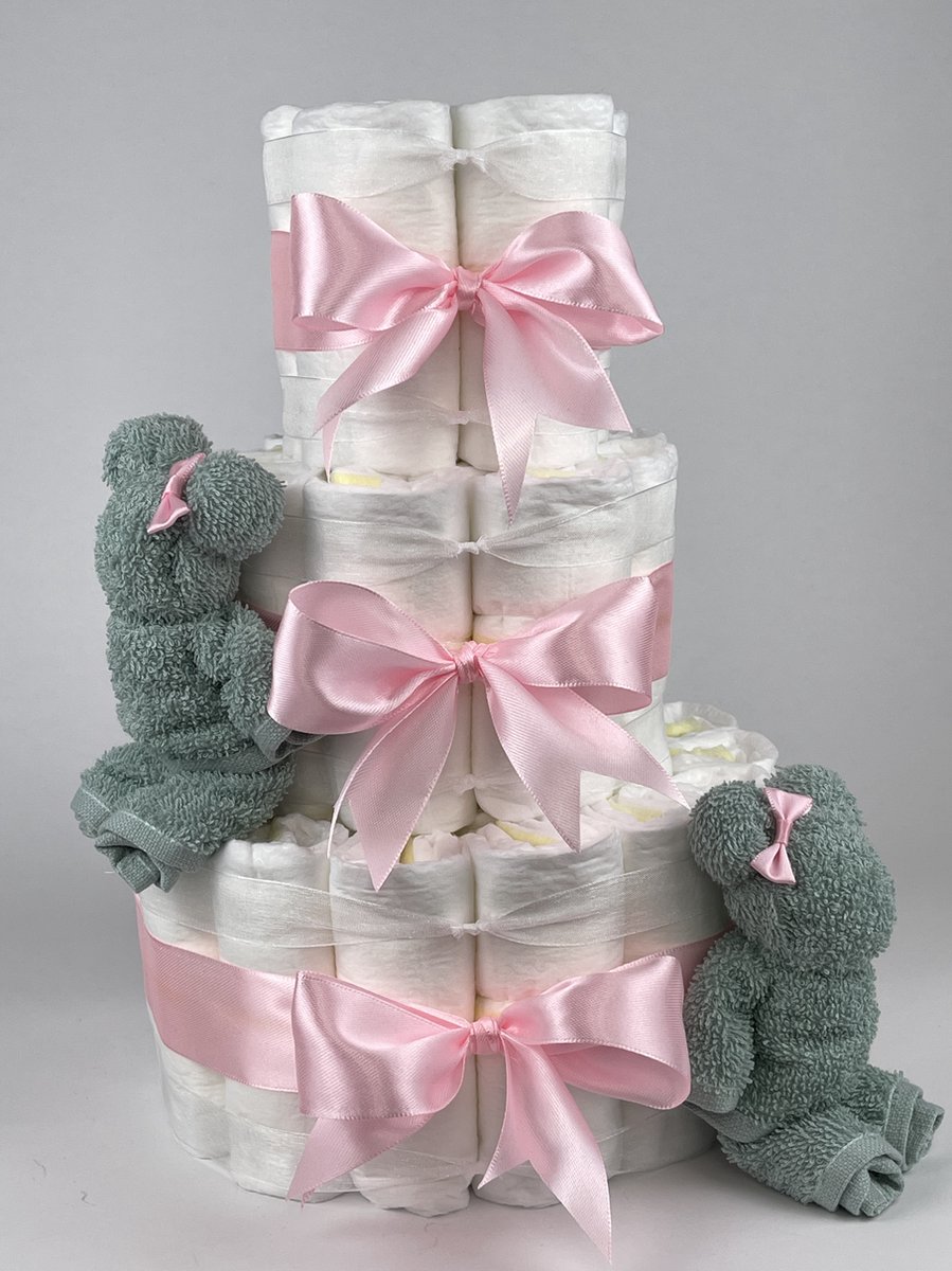 Chouette-Chouette | Luiertaart Meisje | Kraamcadeau | Geboorte Meisje | Babyshower | Beren Stone groen - Roze