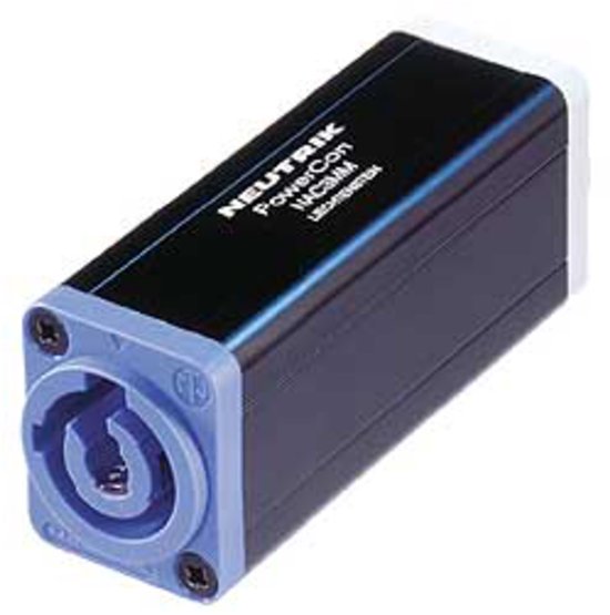 Neutrik powerCON NAC3MM connector, blauw met zwarte behuizing.