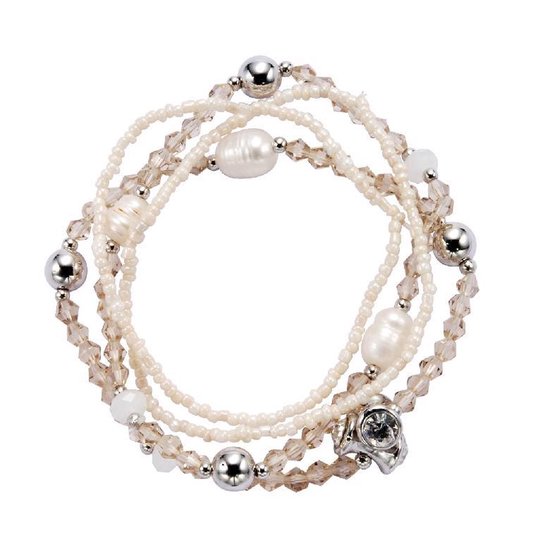 Behave Elastische armband 4 rijen licht rose-beige met glas kralen 2mm dikte en zoetwaterparels