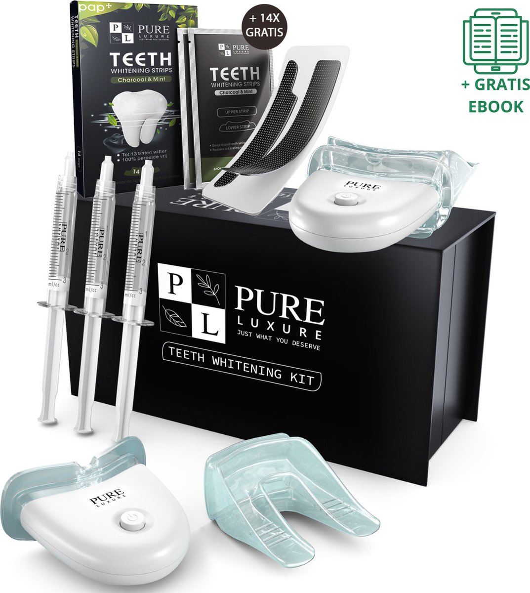 Pure Luxure Teeth whitening kit zonder peroxide met teeth whitening strips - tanden bleken - tandenbleekset - tandenblekers - witte tandenbleekstrips - met handleiding en ebook