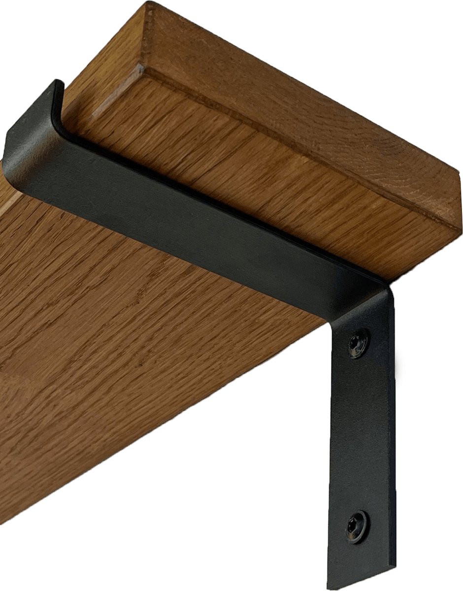 GoudmetHout Wandplank Industrieel - 220 x 15 cm Muurplank - Donker Eiken Hout - Decoratie Wandrek & Boekenrek - Hangplank Keuken - Wall Shelf + 2 Mat Zwarte Plankdragers van Staal Donker Eiken - Mat zwart 15 cm