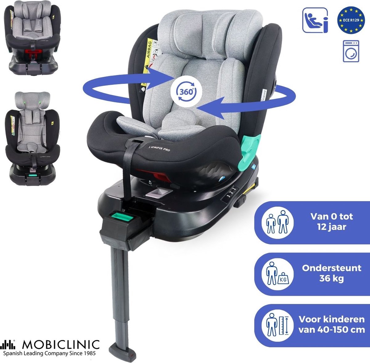 Mobiclinic Autostoeltje - Autostoelen - Autostoel - 360° draaibaar - Reglement i-Size - Evolutionair - 40 - 150 cm - Liggend - Verstelbaar - 0-36kg - 0 to 12 jaar- Lionfix Pro - groep 0/1/2/3