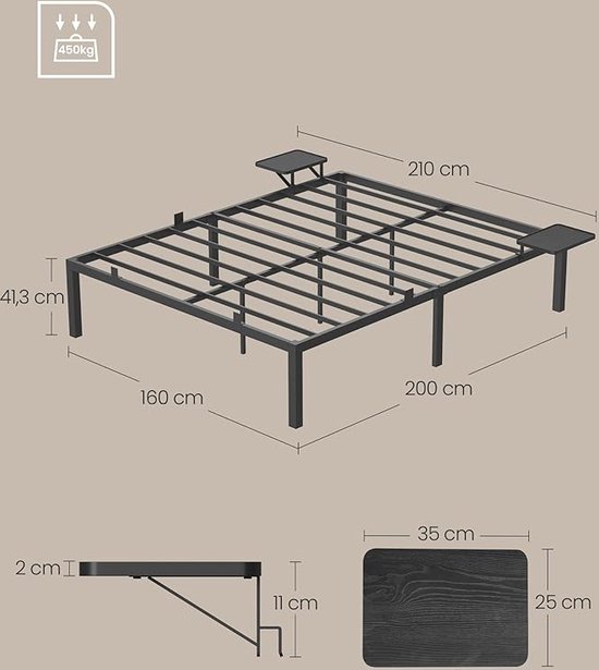 Foto: Songmics tweepersoonsbedframe bedframe metalen lattenbodem met opbergplanken logeerbed voor matrassen van 190 x 140 cm eenvoudige montage klassiek zwart