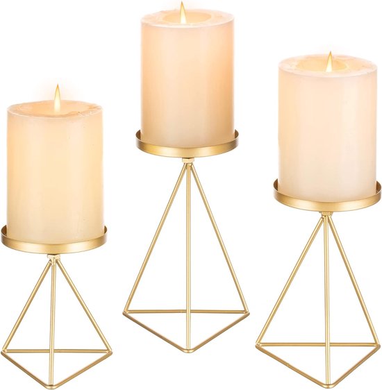 Geometric Candle Holders for Pillar Candles - 3 Pieces Metal Wire Vintage Candlesticks Set for Living Room Dining Room Fireplace Cloak Christmas Party Halloween Table Centerpieces