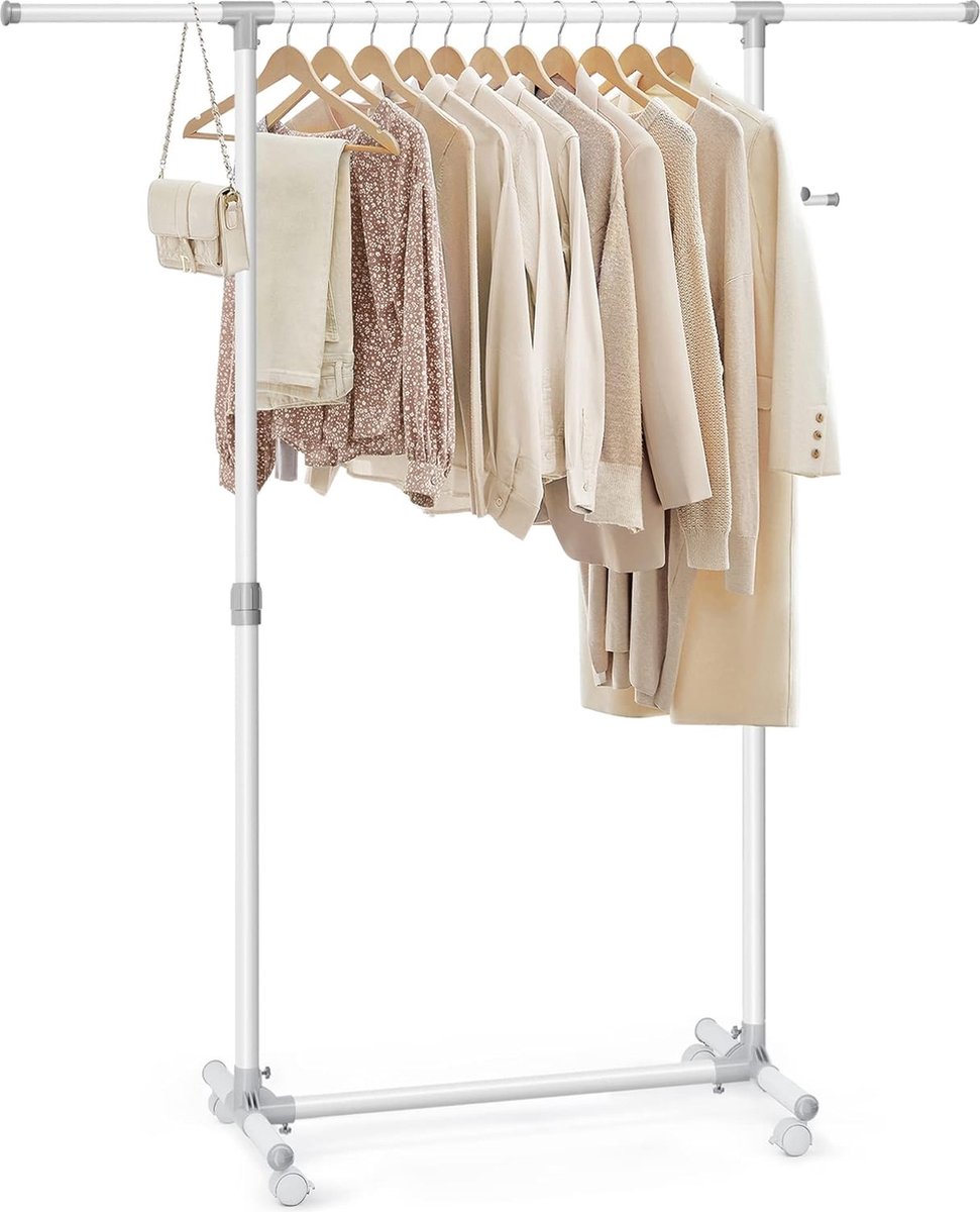 Kledingrek op wieltjes, kledingstang, in hoogte verstelbaar tussen 97 en 165 cm, uittrekbare garderobestang, zijhaken voor accessoires, wit