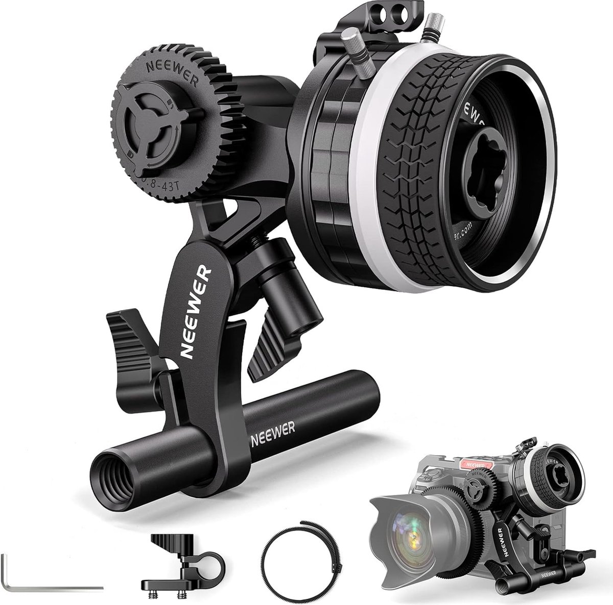 Neewer® - Mini Volgfocus - Met A/B Stops, Lens Gear Ring, 15mm Rod en Rod Clamp - Voor Cinema Camera, DSLR/Mirrorless Camera - Compatibel met Lensdiameter tot 114mm, Model PG003 - (Zwart)