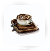 Cappuccino op wenskaart 13,5x13,5cm, illustratie aquarel en zwarte inkt
