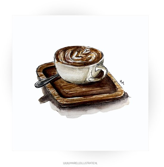 Cappuccino op wenskaart 13,5x13,5cm, illustratie aquarel en zwarte inkt