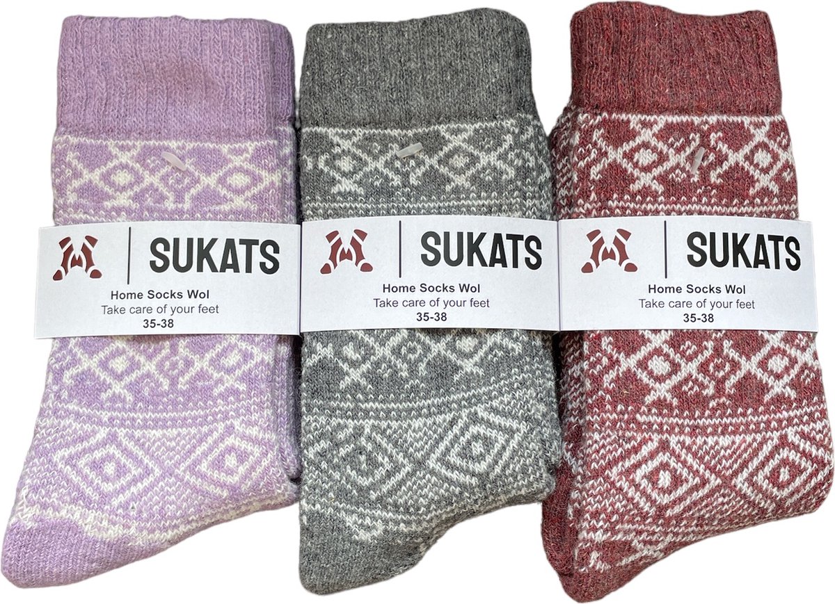Sukats® Huissokken - 3 Paar - Maat 35-38 - Mix A - Huissokken Dames - Warme Sokken - Wollen Sokken - Slofsokken - Bedsokken - Meerdere Maten en Varianten