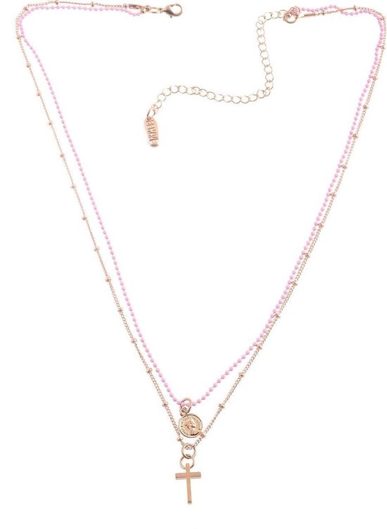 Behave Collier court couleur rose, métal, 2 rangs, pendentif croix + chaîne d'extension 7,5 cm