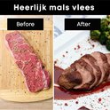 Photo avant et après d'un morceau de viande crue et d'un morceau de viande cuite.