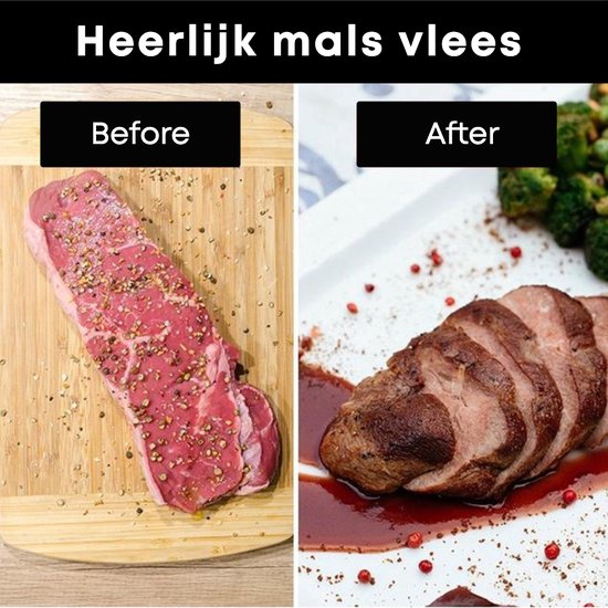 Photo avant et après d'un morceau de viande crue et d'un morceau de viande cuite.