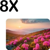 BWK Luxe Placemat - Roze Bloemen op een Berg bij Zonsondergang - Set van 8 Placemats - 40x30 cm - 2 mm dik Vinyl - Anti Slip - Afneembaar