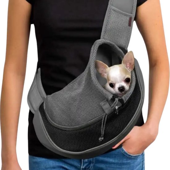 Une femme porte un petit chien dans un sac à bandoulière gris. Le chien regarde curieusement à l'extérieur. Le sac est en maille.